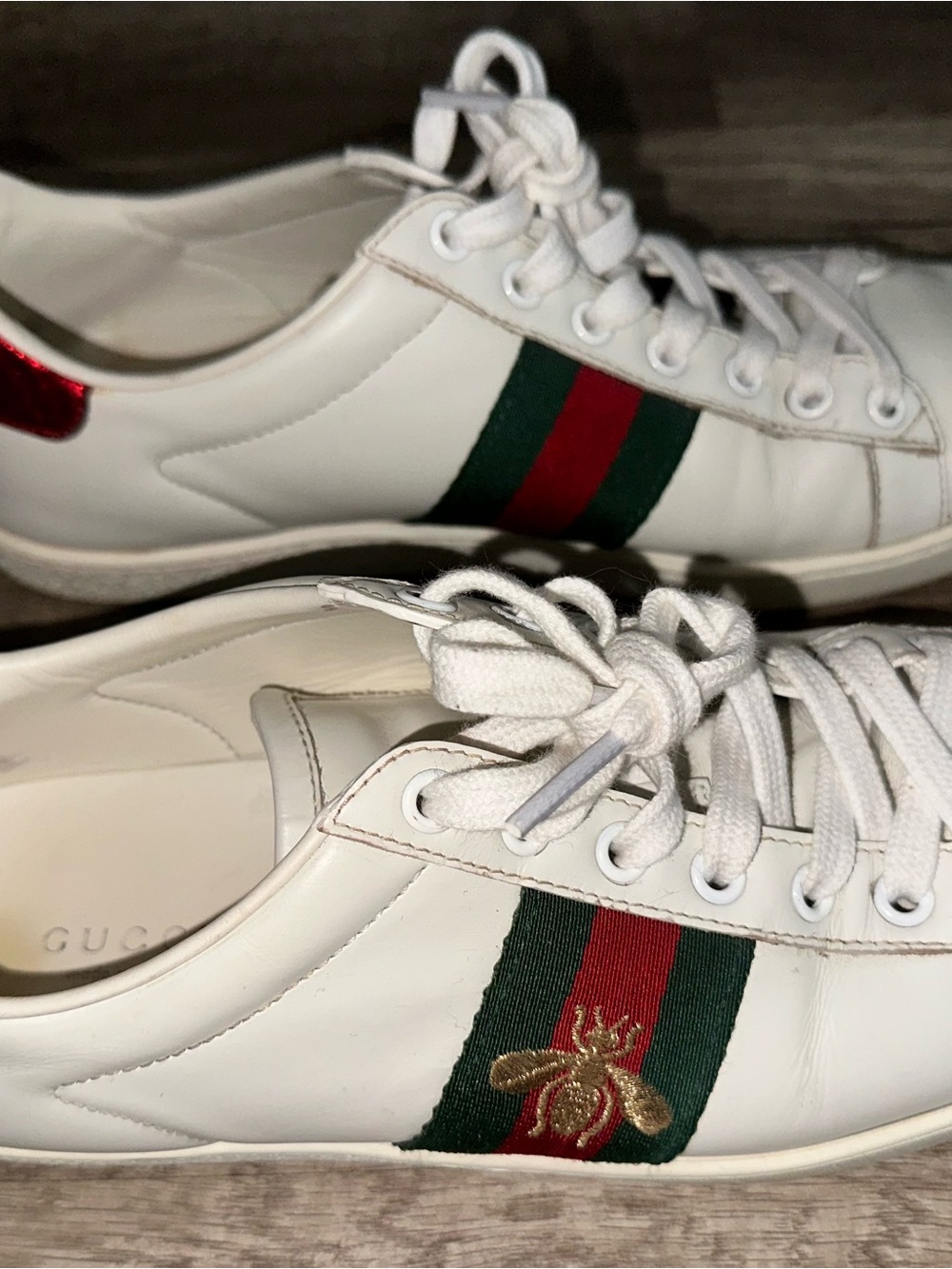 Gucci White Leather Sneakers with Green and Red Web Stripe and Gold Bee